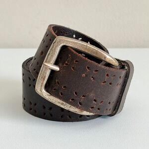 Maurices Dark Brown Leather Floral Perforated Belt Made in Canada Silver Buckle